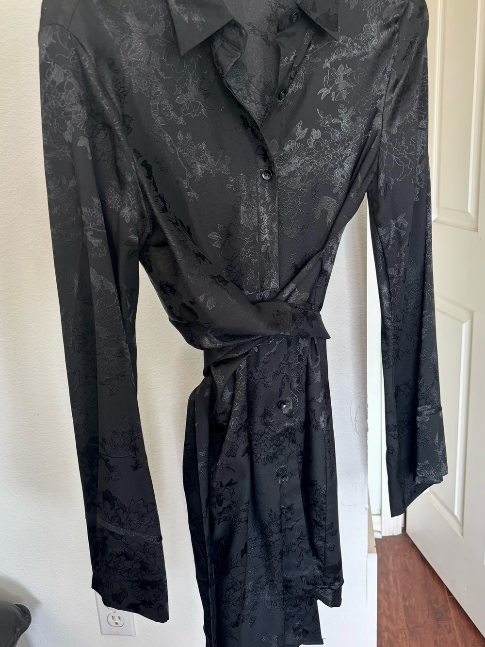 Black Floral Satin Tie-Waist Shirt Dress
